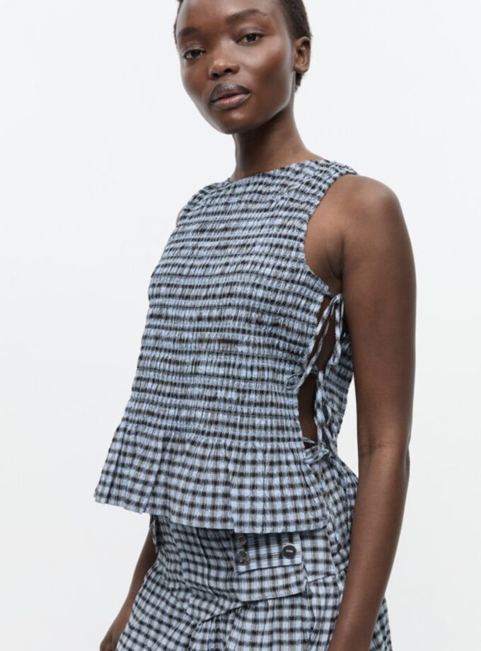 Blusa tipo blusa con lazo y cuadros de seersucker azul GANNI