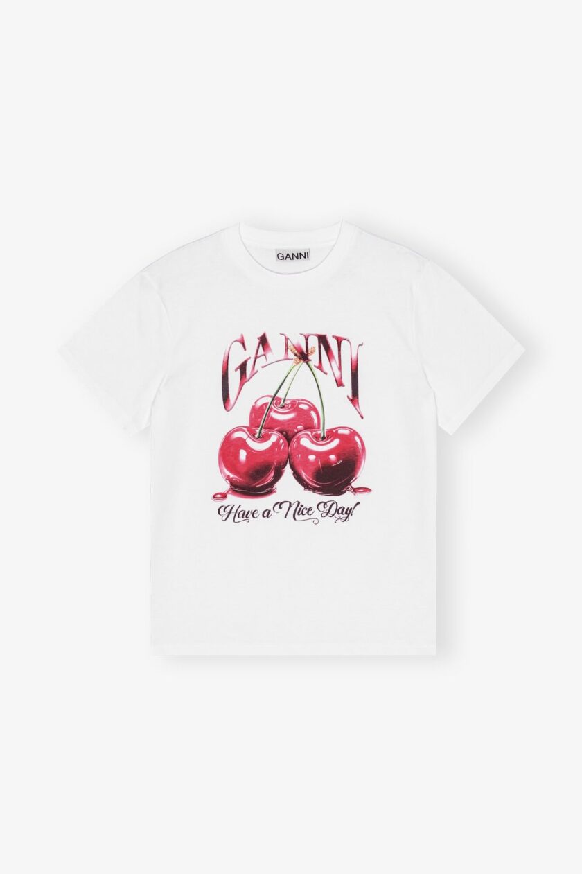 Camiseta básica holgada de punto blanco con estampado de cerezas GANNI
