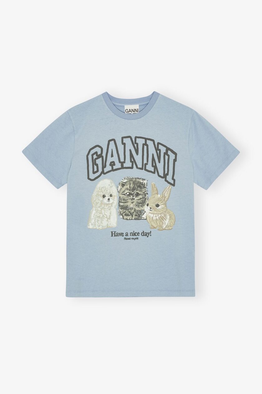 Camiseta azul con estampado animal GANNI