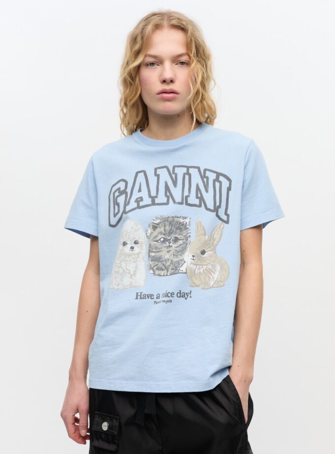Camiseta azul con estampado animal GANNI
