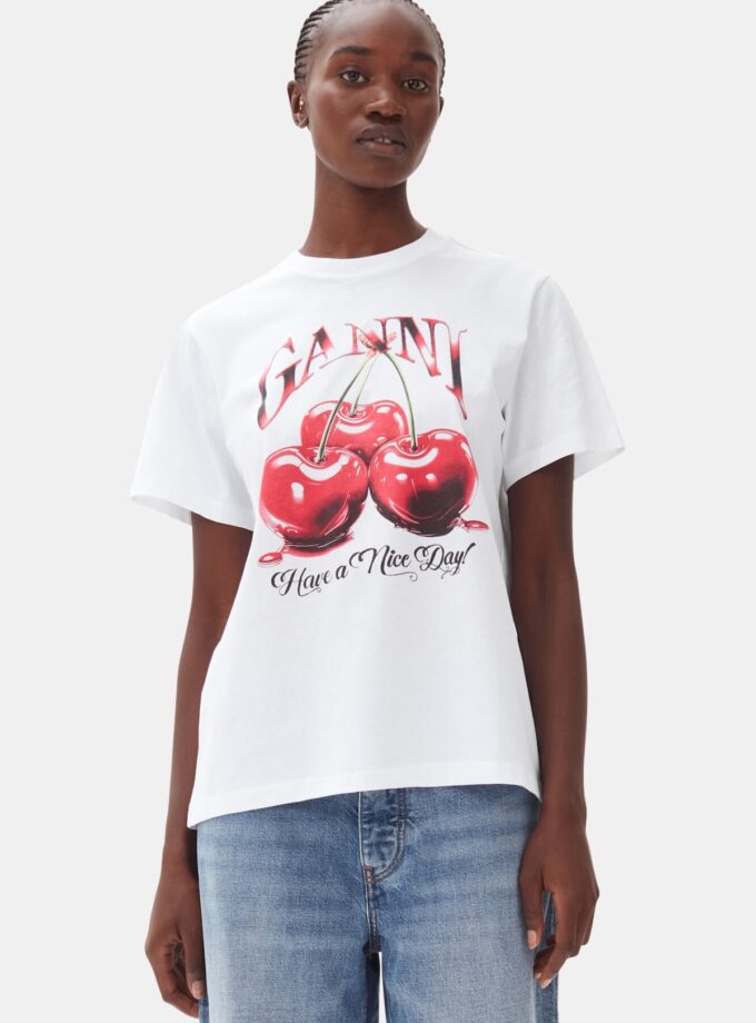 Camiseta básica holgada de punto blanco con cerezas GANNI