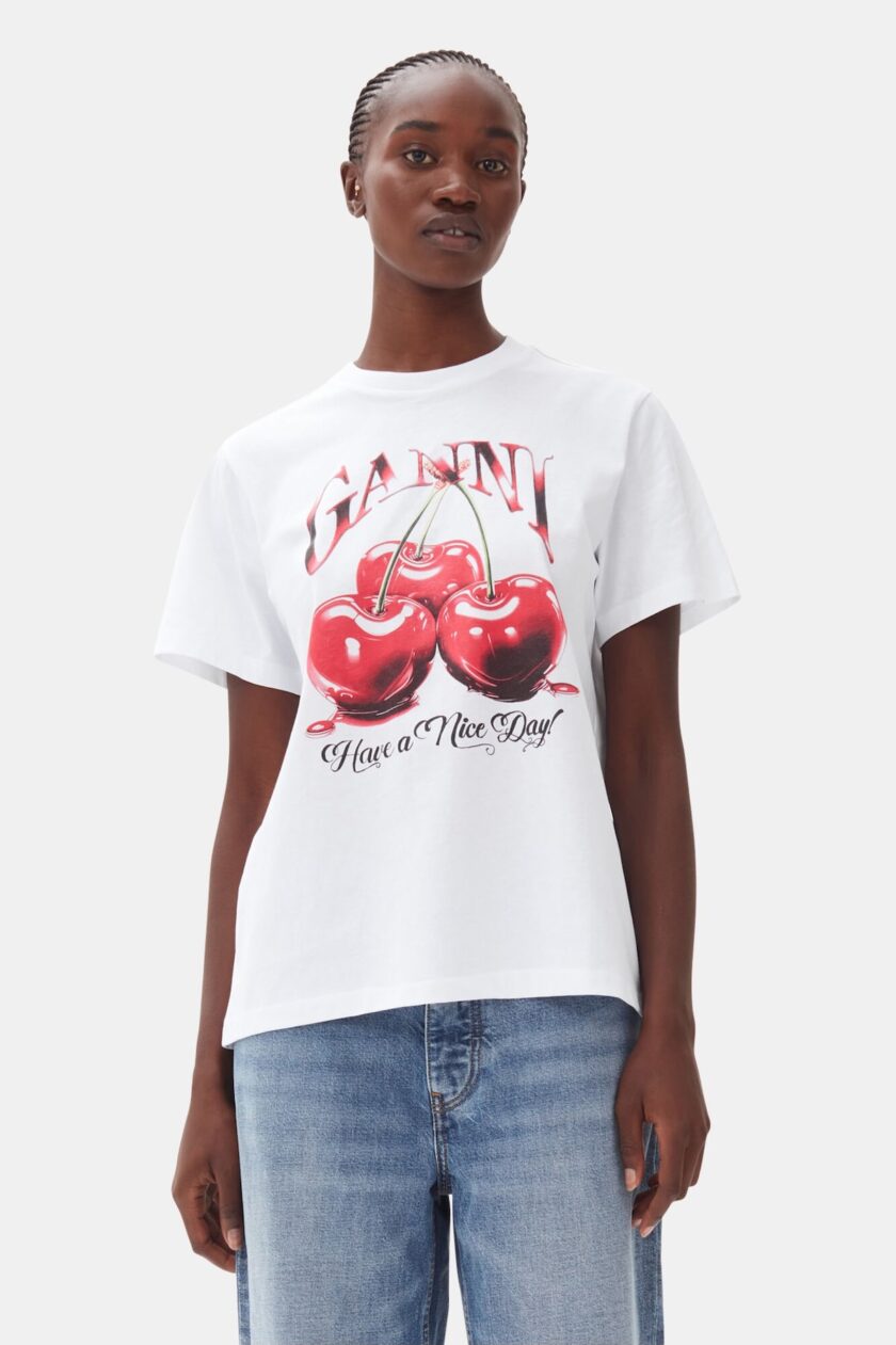 Camiseta básica holgada de punto blanco con cerezas GANNI - Imagen 2