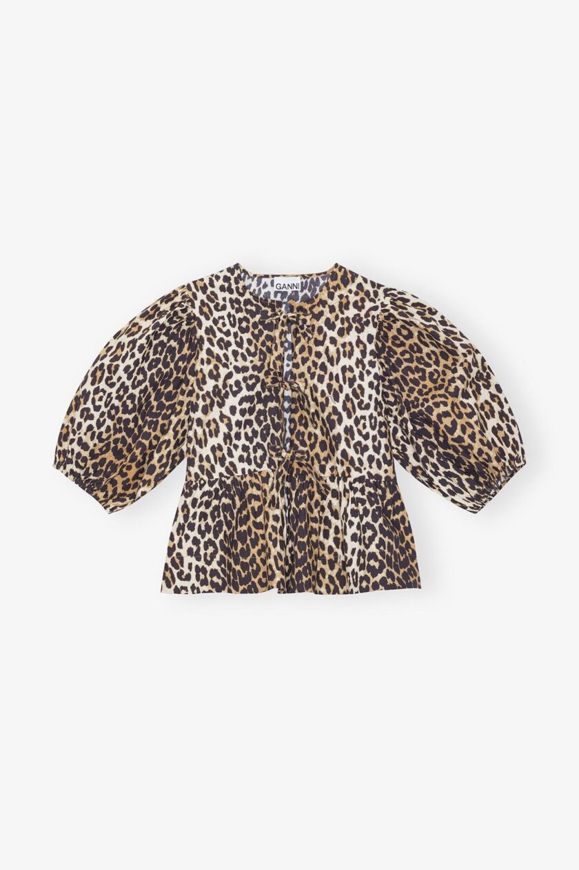 Blusa con lazo y peplum de popelina de algodón con estampado de leopardo GANNI