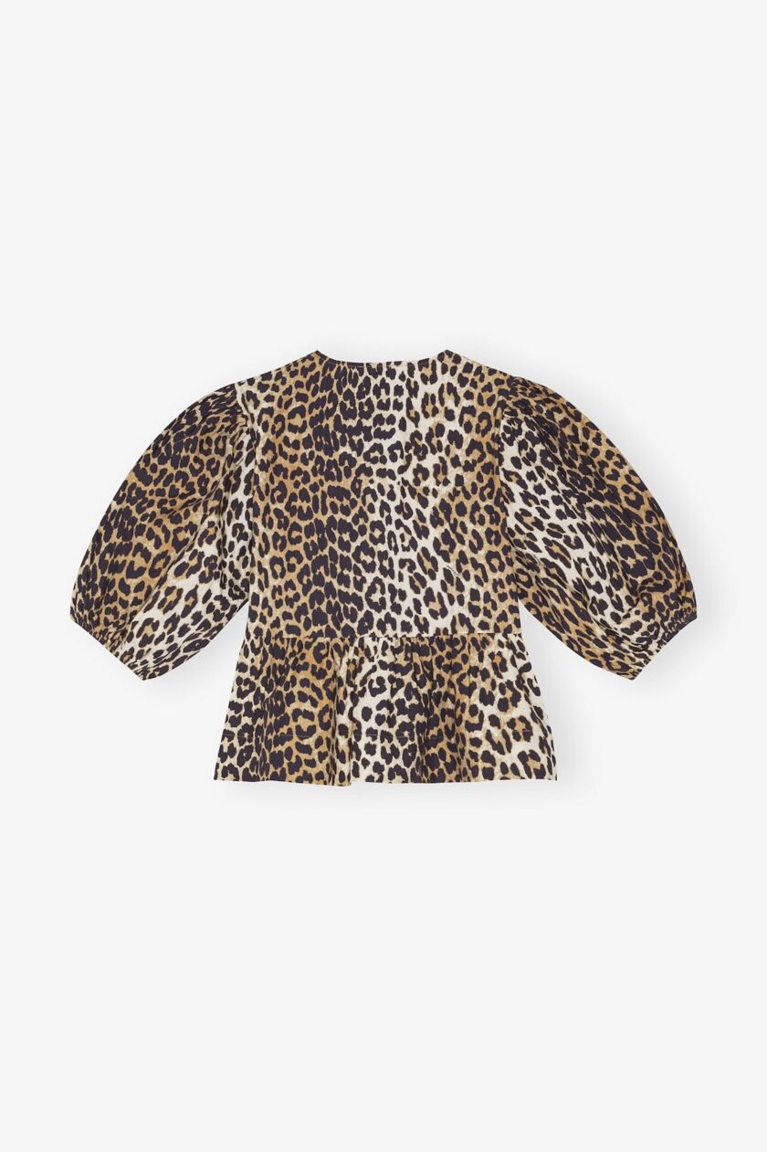 Blusa con lazo y peplum de popelina de algodón con estampado de leopardo GANNI - Imagen 3