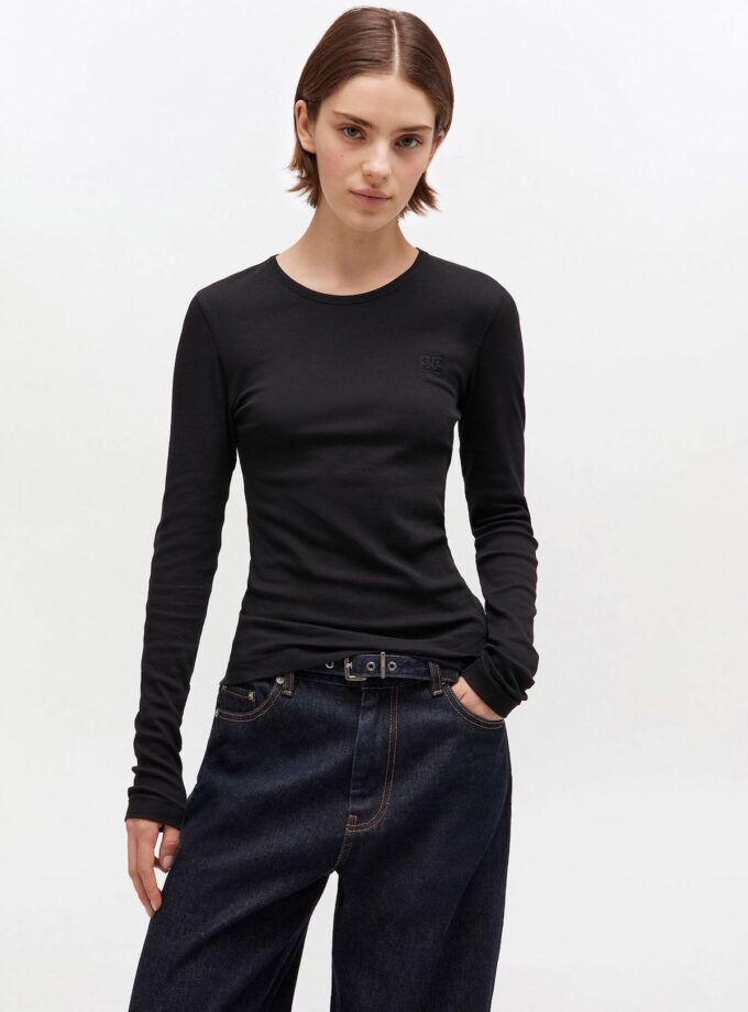 Camiseta de manga larga de canalé negro GANNI