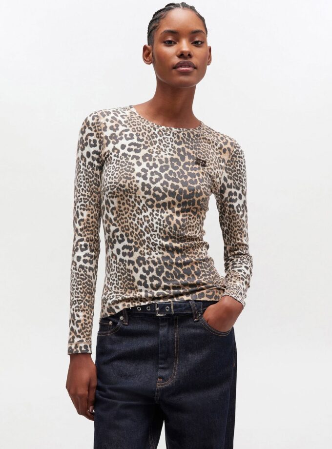 Camiseta manga larga con canalé de leopardo GANNI