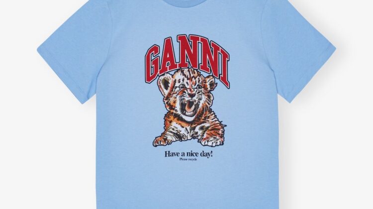 Camiseta azul de punto relajado con estampado de tigre GANNI