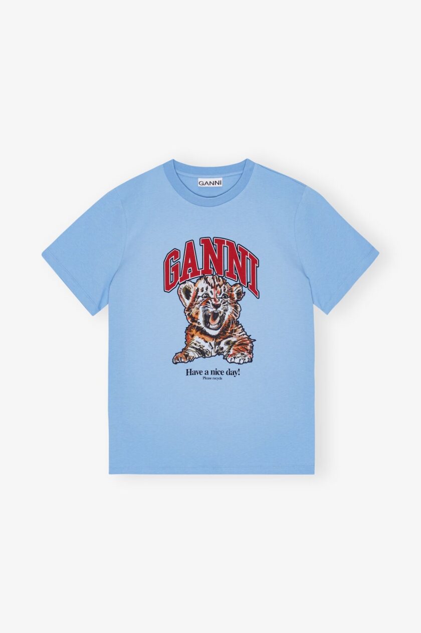 Camiseta azul de punto relajado con estampado de tigre GANNI