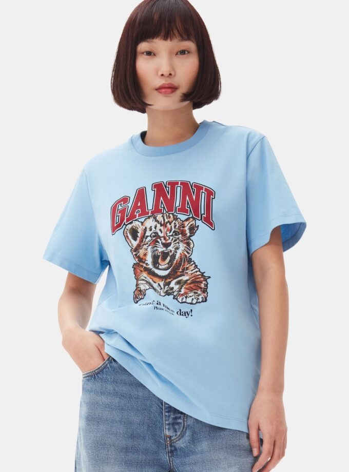 Camiseta azul de punto relajado con estampado de tigre GANNI