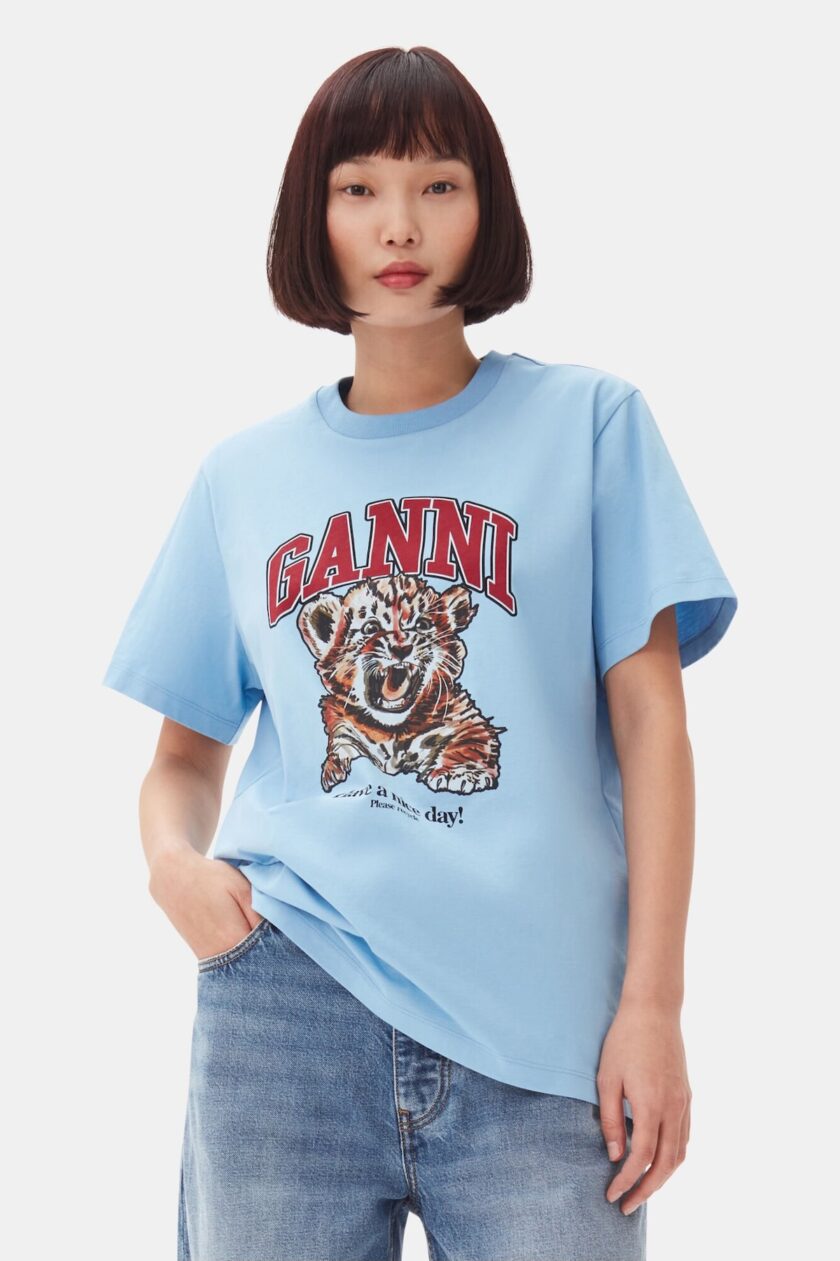 Camiseta azul de punto relajado con estampado de tigre GANNI - Imagen 2