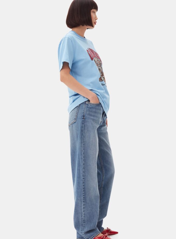 Camiseta azul de punto relajado con estampado de tigre GANNI